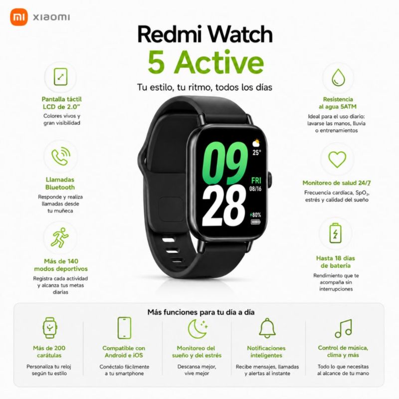 SMARTWATCH XIAOMI REDMI WATCH 5 ACTIVE NEGRO CON AUDIFONOS HH T-55 DOBLE NEGRO