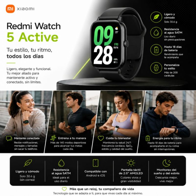 SMARTWATCH XIAOMI REDMI WATCH 5 ACTIVE NEGRO CON AUDIFONOS HH T-55 DOBLE NEGRO
