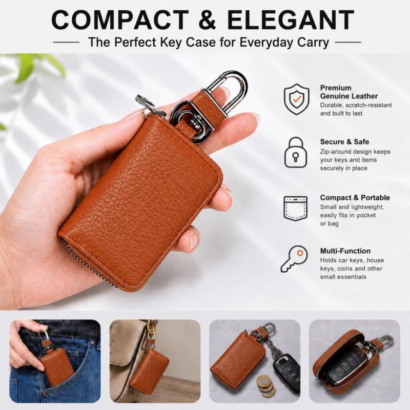 Llavero Luckybay de Cuero Caramelo con Bolsa con Cremallera