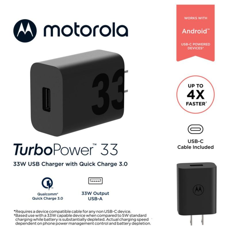 Cargador Motorola TurboPower 33 QC3.0 con cable USB‑A a USB‑C de 1 m para Moto G86 Power 5G G56 5G G55 5G Razr 60 Razr 50 Edge 30
