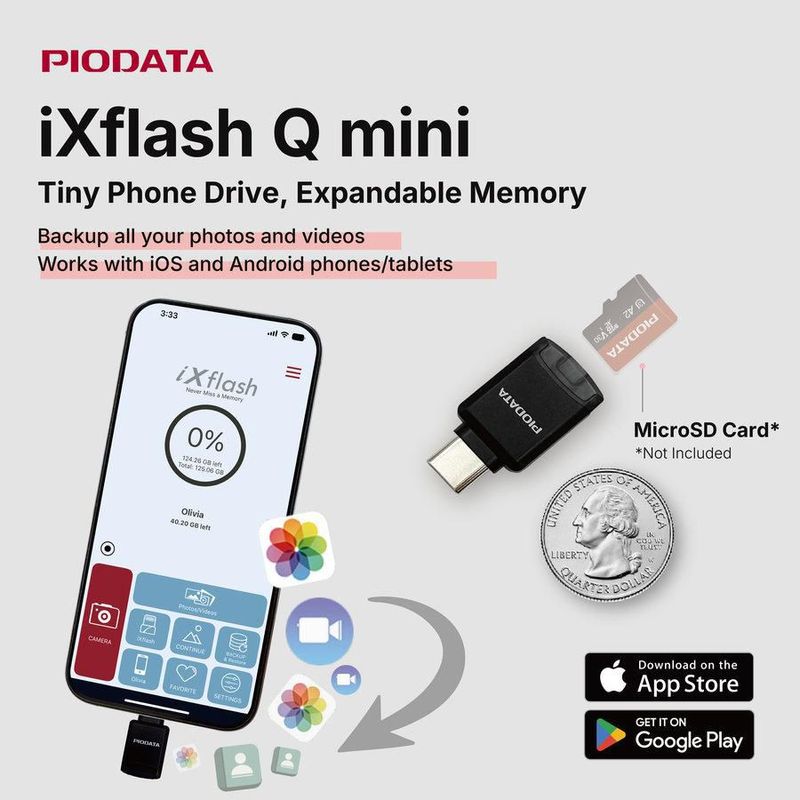 Piodata iXflash Q mini Lector MicroSD USB-C para iPhone, iPad y Android con Backup y Transferencia de Archivos (Rosa)