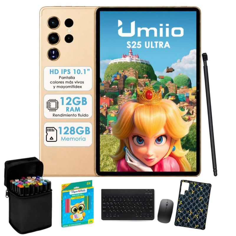 Tablet Umiio S25 Ultra 12GB RAM 128GB Dorado + Teclado + Mouse + Lápiz Óptico + Funda +Colores + Plumones