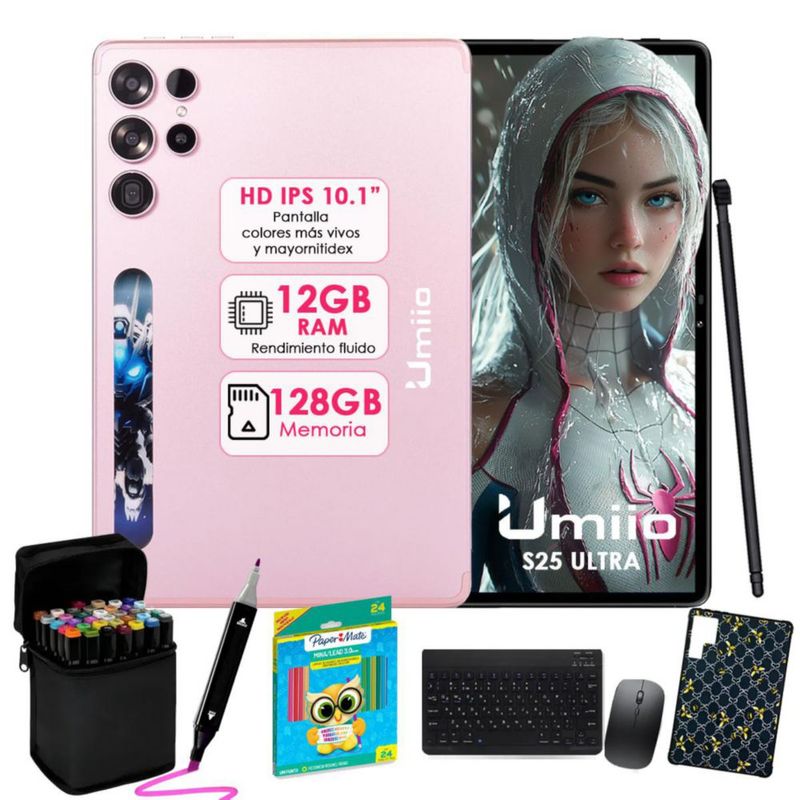 Tablet Umiio S25 Ultra 12GB RAM 128GB Rosa + Teclado + Mouse + Lápiz Óptico + Funda + colores + Plumones