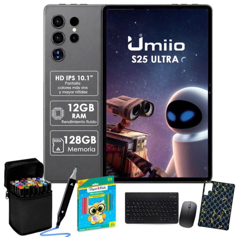 Tablet Umiio S25 Ultra 12GB RAM 128GB Gris+ Teclado + Mouse + Lápiz Óptico + Funda + colores + Plumones