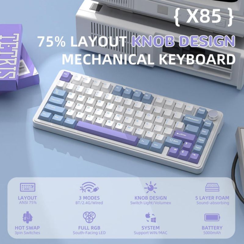 Teclado Yindiao X85 Inalámbrico TKL de 82 teclas RGB Hot‑Swap