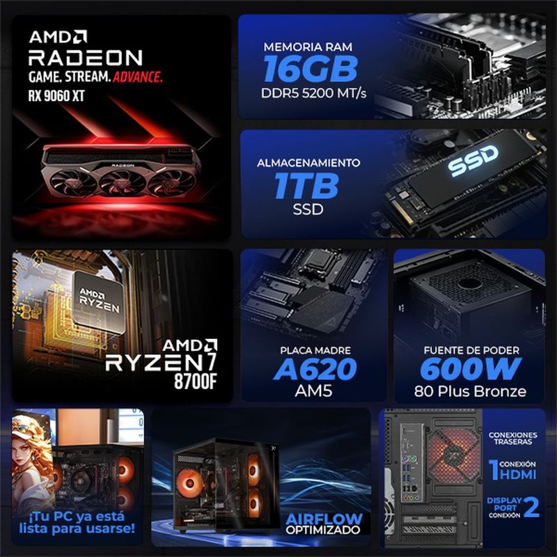 Xtreme pc ia rx 9060 xt ryzen 7 16gb 1tb monitor 27 black