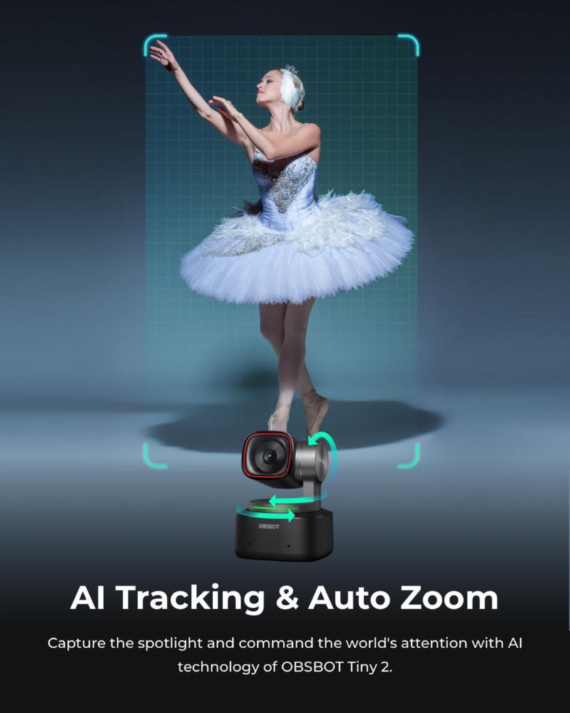 Cámara web OBSBOT Tiny 2 4K con control de voz PTZ y seguimiento mediante IA