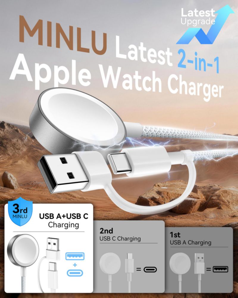 Cargador para Apple Watch Minlu 2 en 1 USB A/C trenzado 12 m