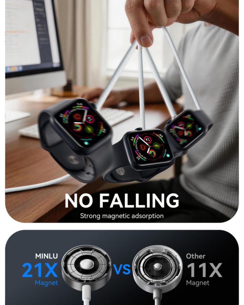 Cargador para Apple Watch Minlu 2 en 1 USB A/C trenzado 12 m