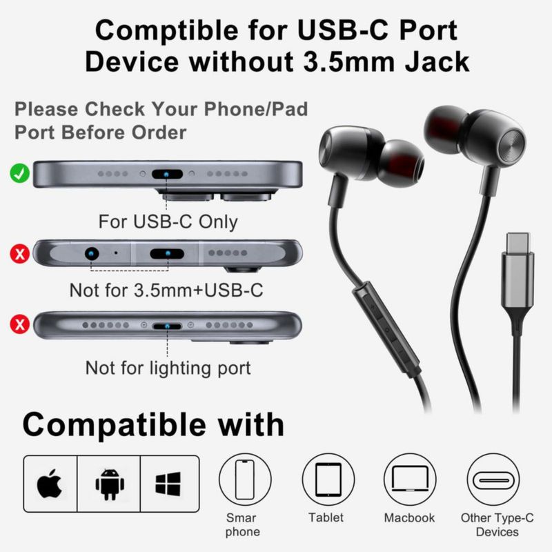 Audífonos USB‑C para Samsung S24 S23 FE S22 S21 S20 A53 A54 y iPhone 17 Pro Max iPhone 16 Pro – Intrauditivos con cable metálico micrófono control de