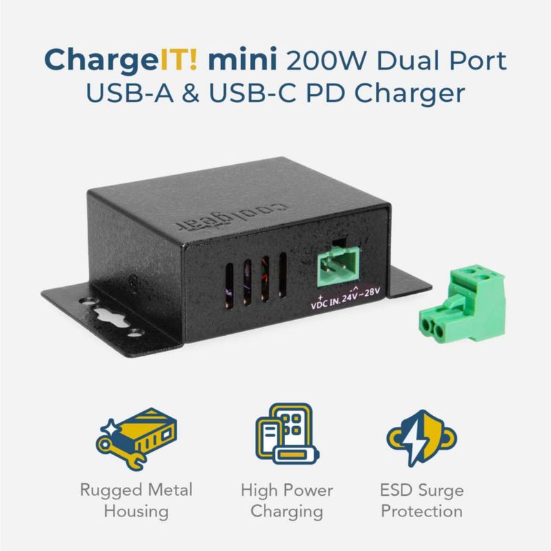 Cargador PD Coolgear 200 W Dual USB‑C 100 W con Bloqueo de Tornillo