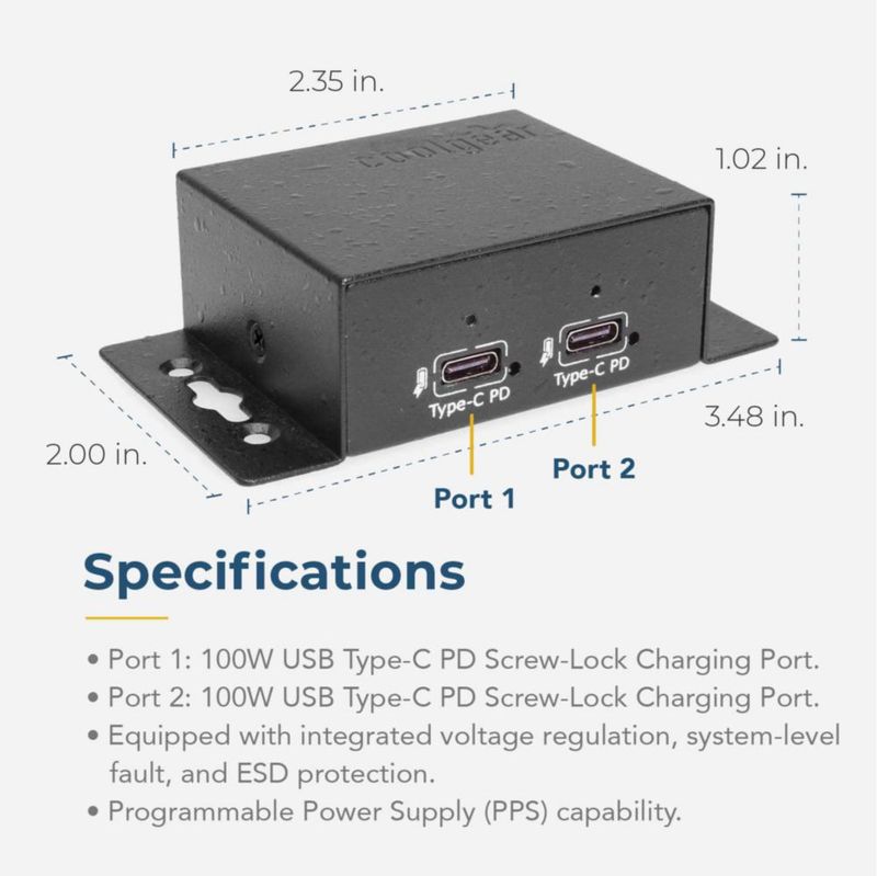 Cargador PD Coolgear 200 W Dual USB‑C 100 W con Bloqueo de Tornillo