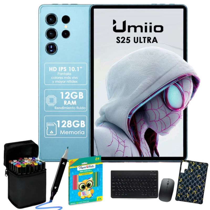 Tablet Umiio S25 Ultra 12GB RAM 128GB Azul + Teclado + Mouse + Lápiz Óptico + Funda + colores+ Plumones