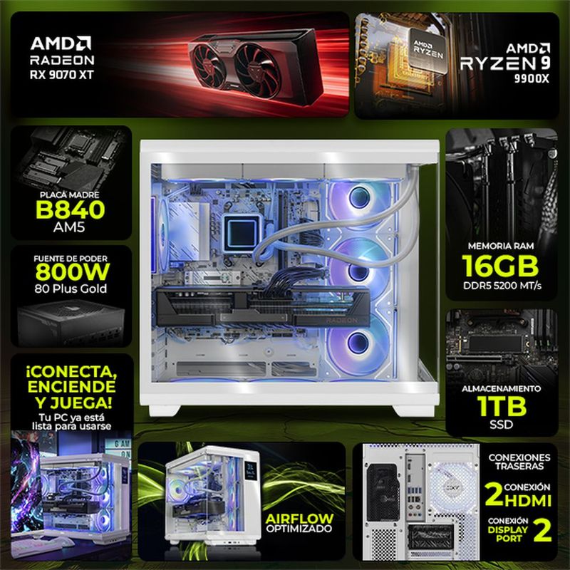 Pc gamer dxt rx 9070 xt ryzen 9 16gb 1tb monitor 31.5 white