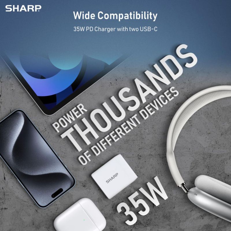 Cargador Sharp 35W Dual USB‑C Plegable de GaN Blanco