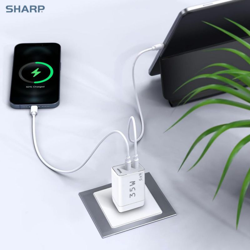 Cargador Sharp 35W Dual USB‑C Plegable de GaN Blanco