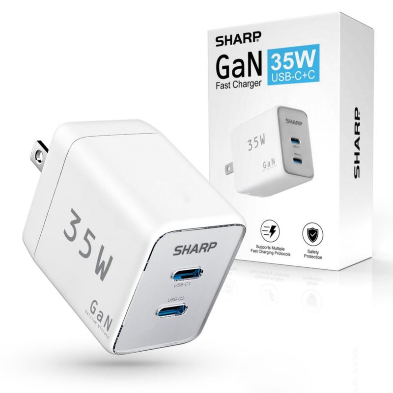 Cargador Sharp 35W Dual USB‑C Plegable de GaN Blanco