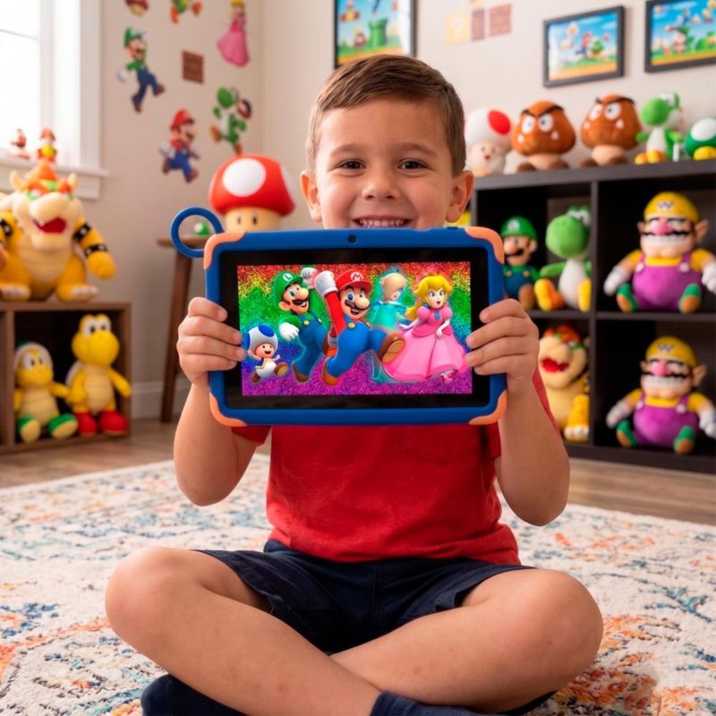 Tablet Infantil Super Mario Bros M8 7" IPS 16GB RAM + 256GB 8 Core Android Funda Integrada, color azul
