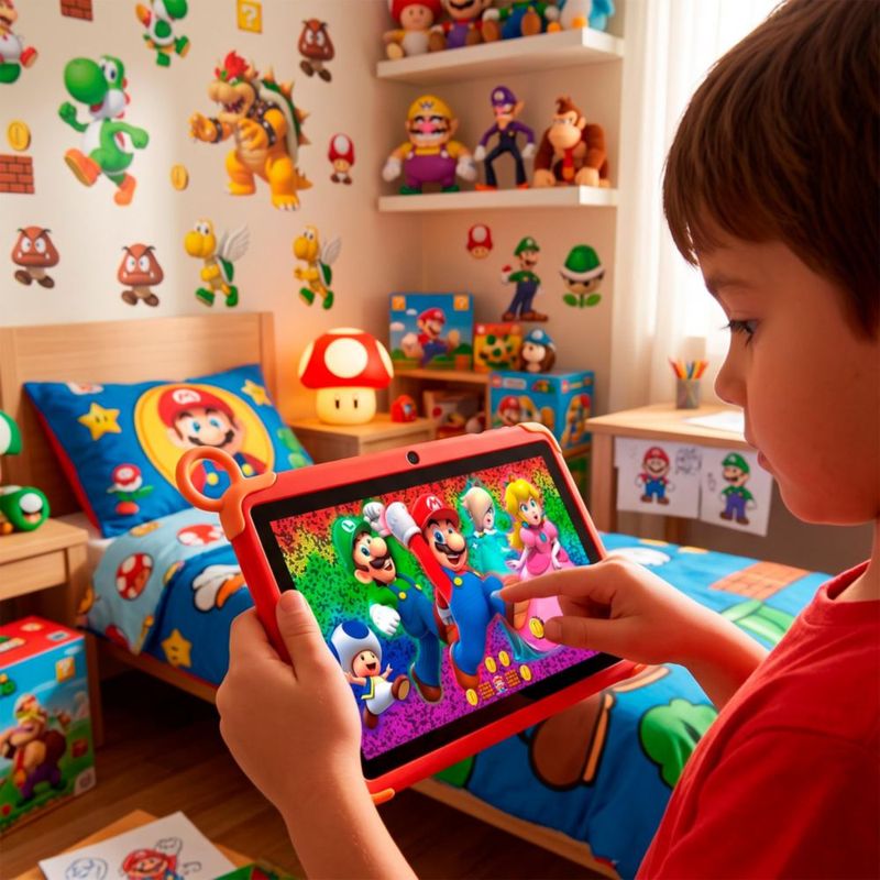 Tablet Infantil Super Mario Bros M8 7" IPS 16GB RAM + 256GB 8 Core Android Funda Integrada, color Rojo