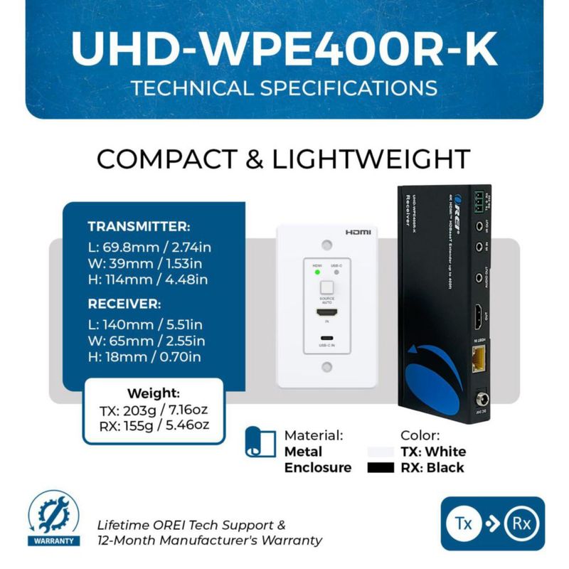 Extensor HDBaseT OREI 4K 120 m HDMI/USB‑C de placa de pared