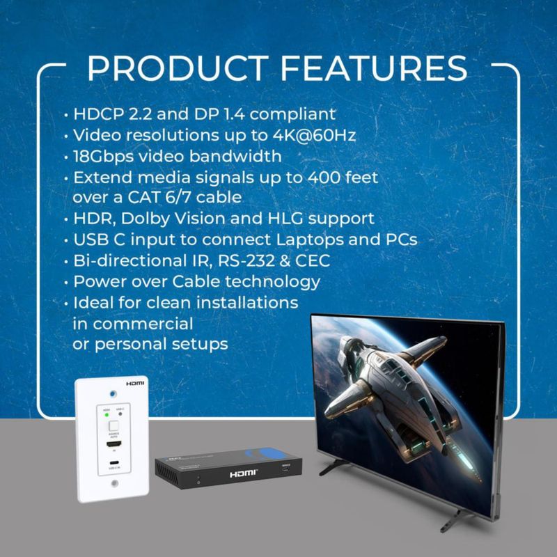 Extensor HDBaseT OREI 4K 120 m HDMI/USB‑C de placa de pared