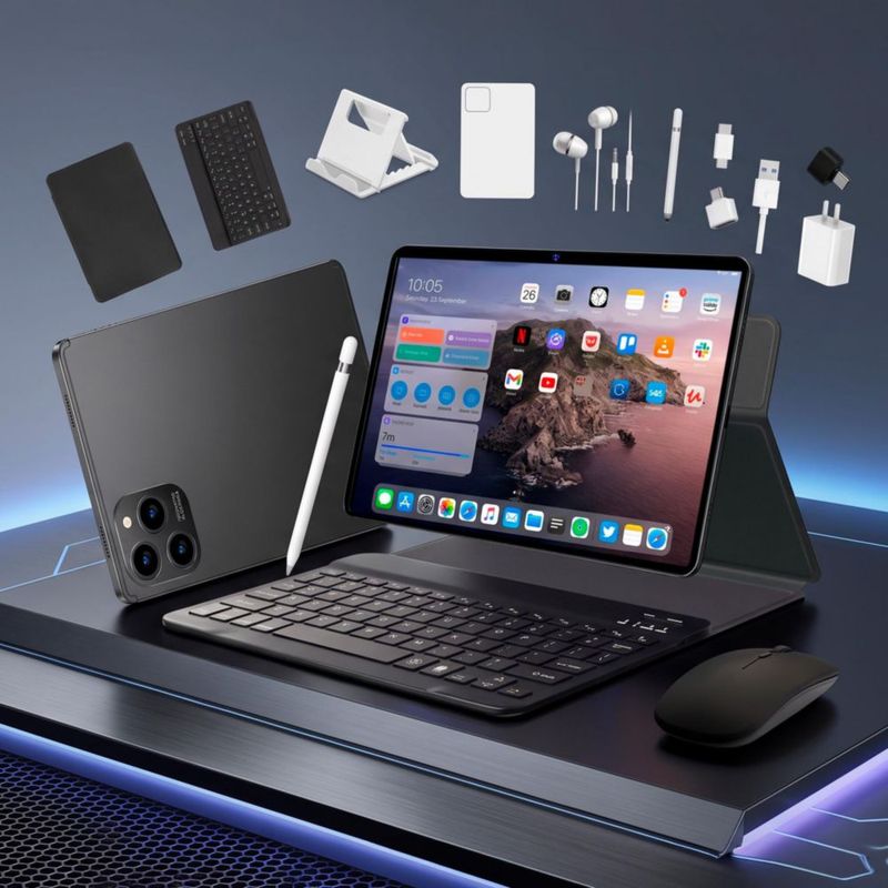 Tablet i18 10.1" 8GB RAM 128GB Android 13 incluye accesorios como Teclado y Mouse