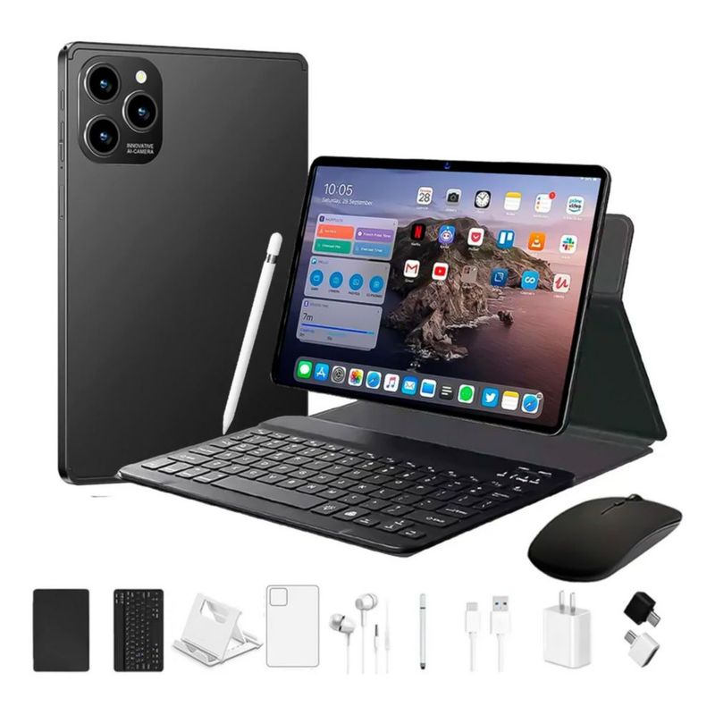 Tablet i18 10.1" 8GB RAM 128GB Android 13 incluye accesorios como Teclado y Mouse