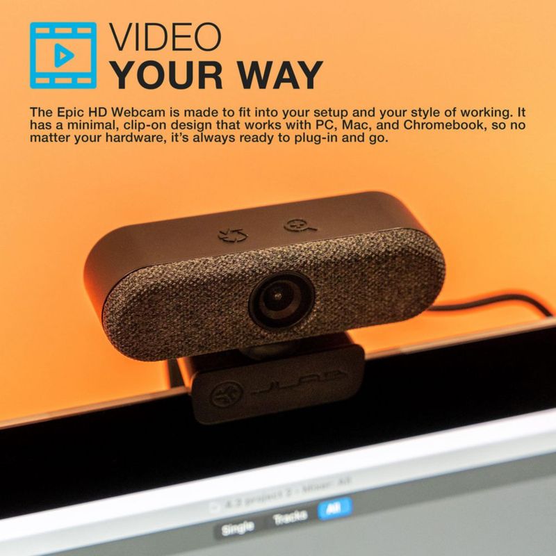 Cámara web USB JLab Epic Cam 2K con enfoque automático y micrófonos duales – Negra
