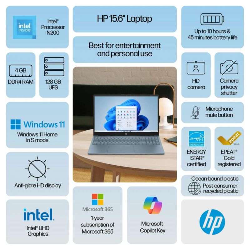 Portátil HP 15.6" N200 16 GB RAM 128 GB SSD Wi‑Fi 6