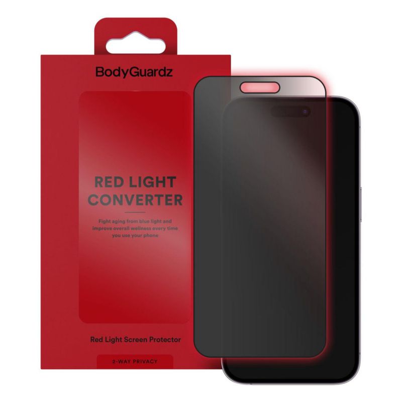 Protector de pantalla BodyGuardz para iPhone 15 Pro Max con privacidad y conversor de luz roja