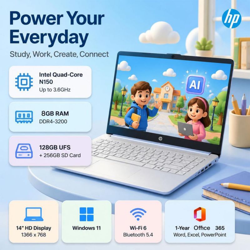Portátil HP de 14" 8 GB RAM Wi‑Fi 6 Office 365 128 GB