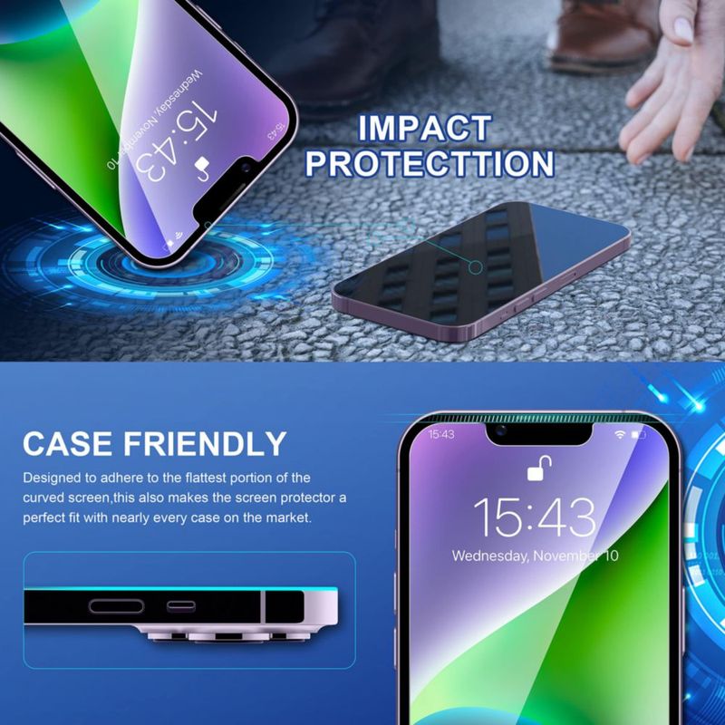 ImpactStrong Protector de pantalla de vidrio templado anti‑rotura para iPhone 14 [Marco de instalación fácil] [Sin burbujas] [Dureza 9H] [Cobertura