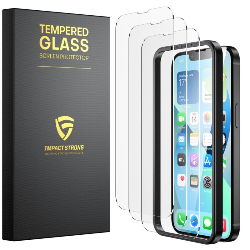 ImpactStrong Protector de pantalla de vidrio templado anti‑rotura para iPhone 14 [Marco de instalación fácil] [Sin burbujas] [Dureza 9H] [Cobertura