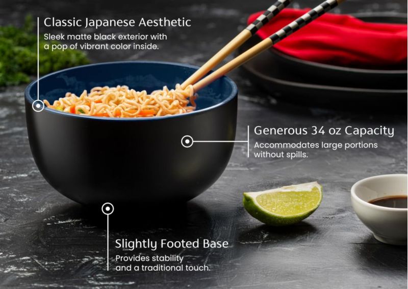 Juego de 4 tazones KooK de cerámica para ramen 1 L negro/azul marino