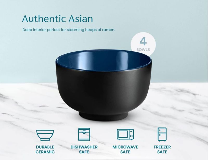 Juego de 4 tazones KooK de cerámica para ramen 1 L negro/azul marino