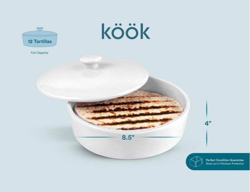 Kook Calentador de Tortillas de Cerámica Pintado a Mano con Tapa 85 pulgadas (216 cm) Marshmallow