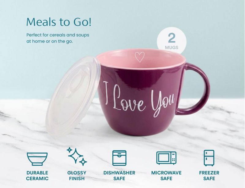 Taza de sopa KooK 710 ml con tapa - Pack de 2 - Día de la Madre