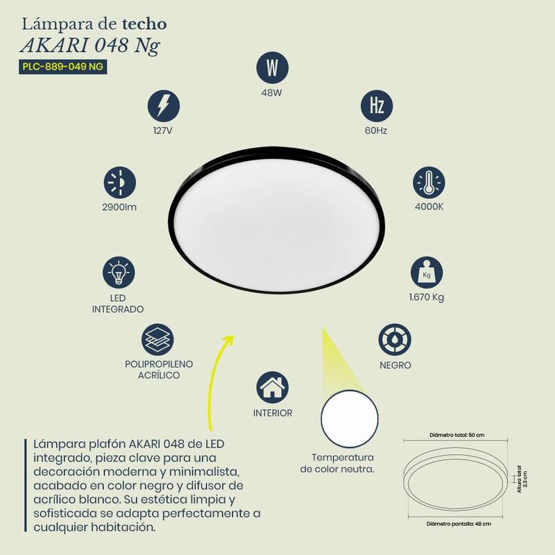 Lampara de techo tipo plafón Akari 48W color negro Mil luces