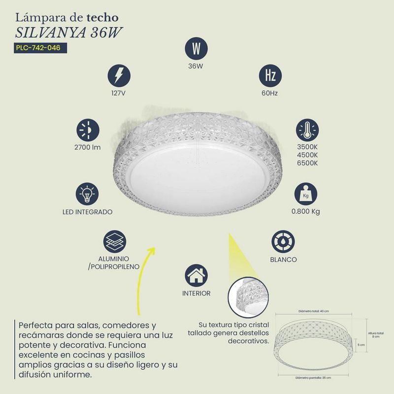 Lampara de techo tipo plafón Silvanya 36W color blanco Mil luces