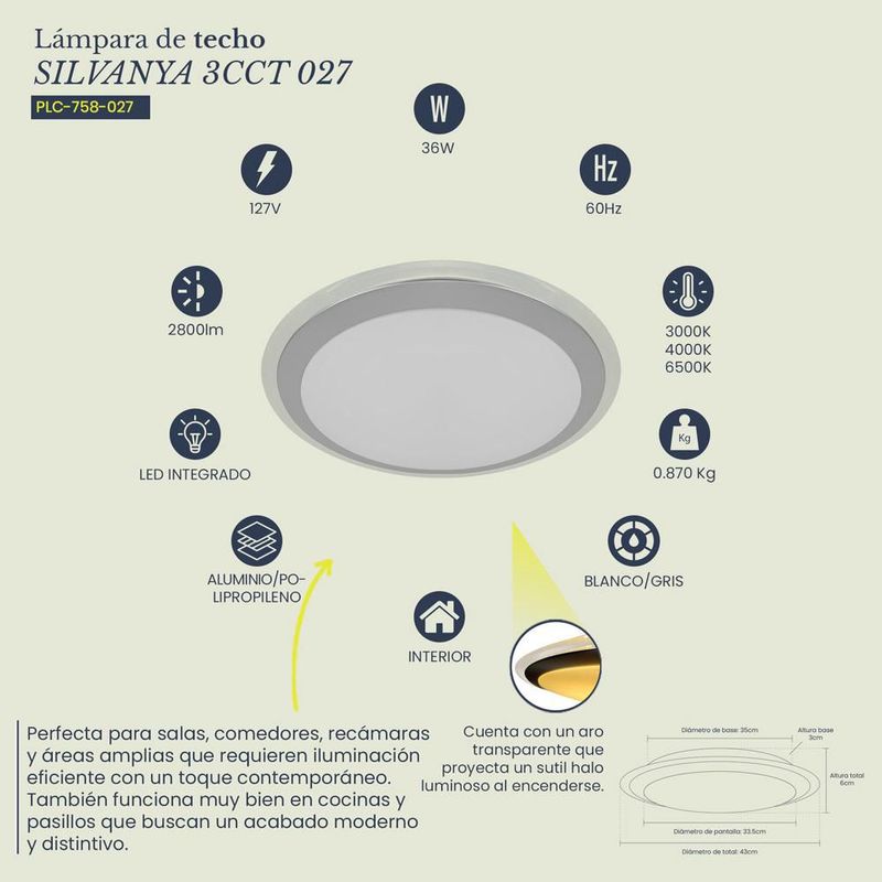 Lampara de techo tipo plafón Silvanya 3CCT 36W color blanco Mil luces