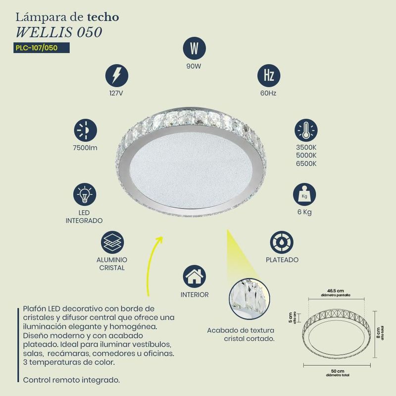 Lampara de techo tipo plafón Wellis 050 color plateado Mil luces