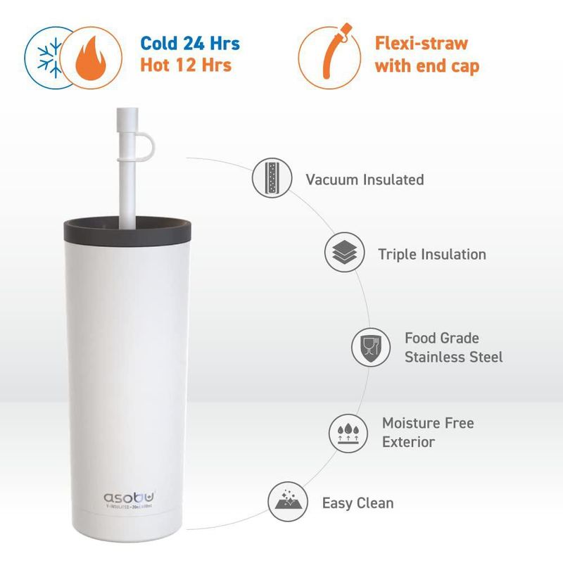Vaso térmico Asobu 591 ml blanco con pajilla de silicona