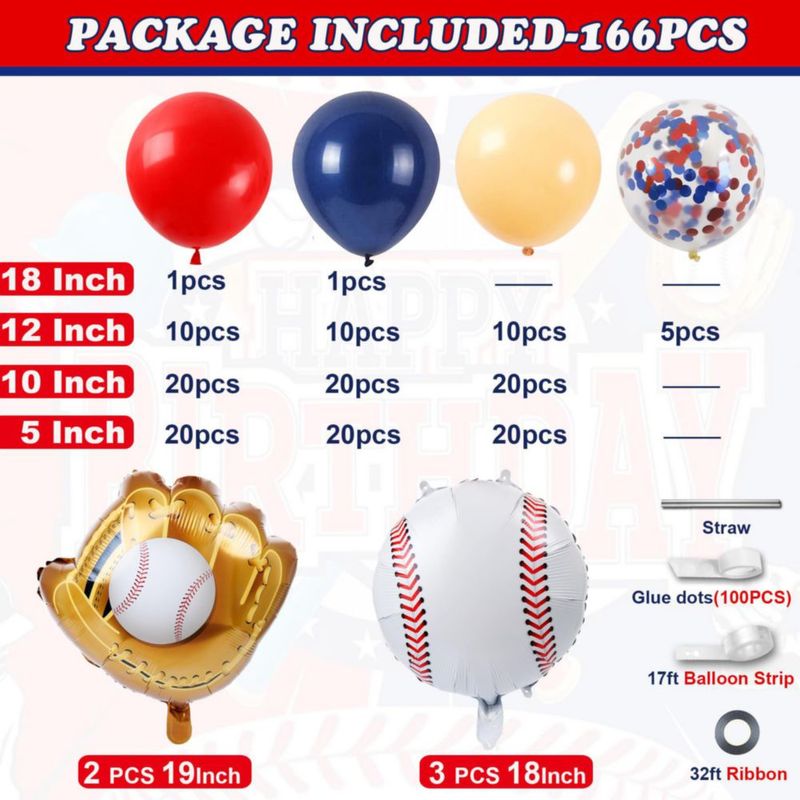 Kit de globos de béisbol YAHEBODT 166 piezas azul marino y rojo