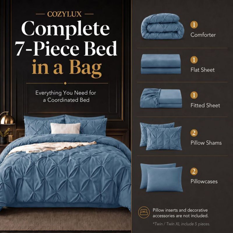 Juego de Edredón CozyLux King 7 piezas Azul grisáceo con detalle de pliegues pintados