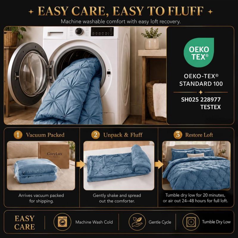 Juego de Edredón CozyLux King 7 piezas Azul grisáceo con detalle de pliegues pintados