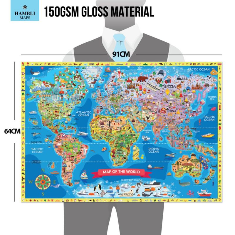 Póster de mapa del mundo para niños Hambli 84 × 61 cm – 150 imágenes ocultas