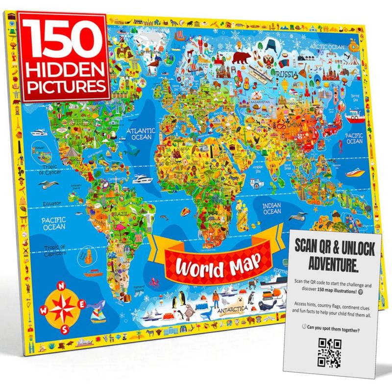 Póster de mapa del mundo para niños Hambli 84 × 61 cm – 150 imágenes ocultas