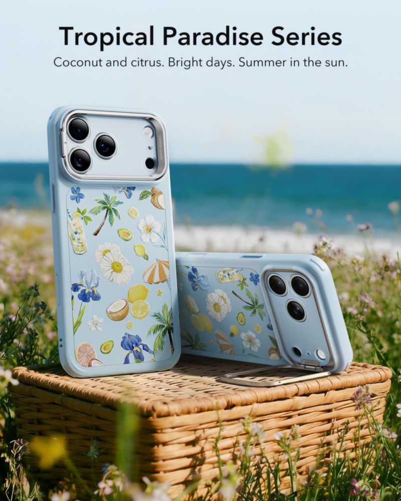 Funda ESR iPhone 17 Pro Max azul claro con soporte flexible y MagSafe