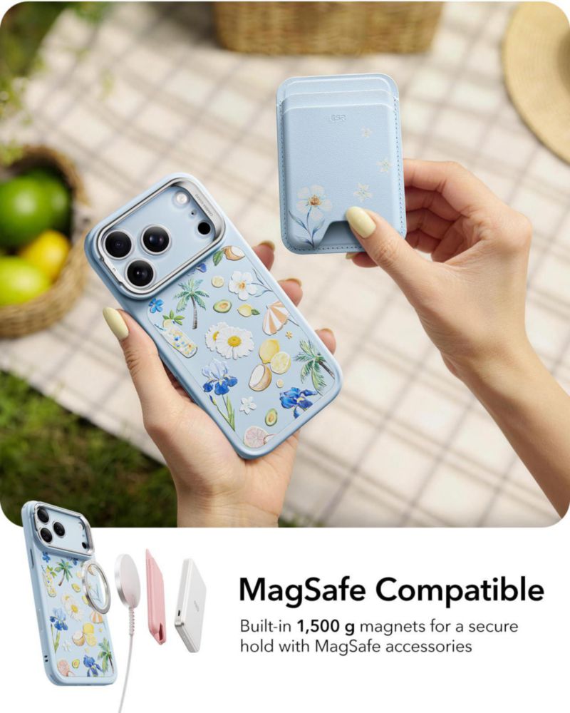 Funda ESR iPhone 17 Pro Max azul claro con soporte flexible y MagSafe