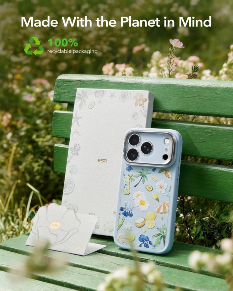 Funda ESR iPhone 17 Pro Max azul claro con soporte flexible y MagSafe